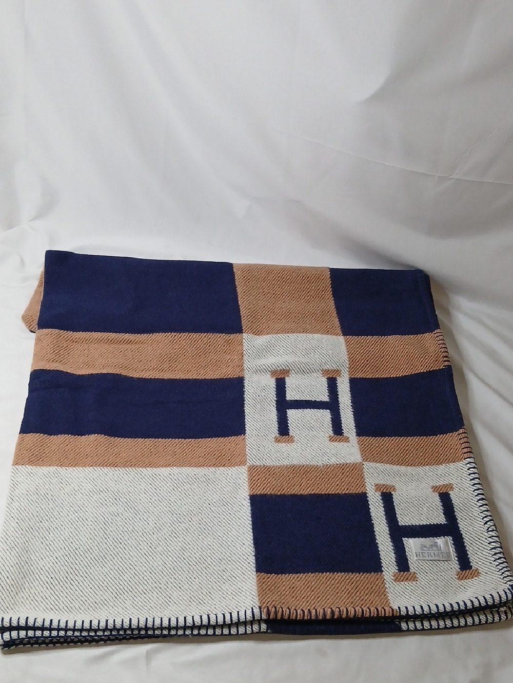 Hermes Blue and Tan Striped Throw Blanket with H Motif